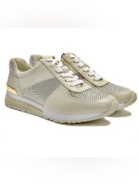 MICHAEL KORS Cream Glitter Allie Trainer Sneakers Rhinestone Fashion Shoes 8